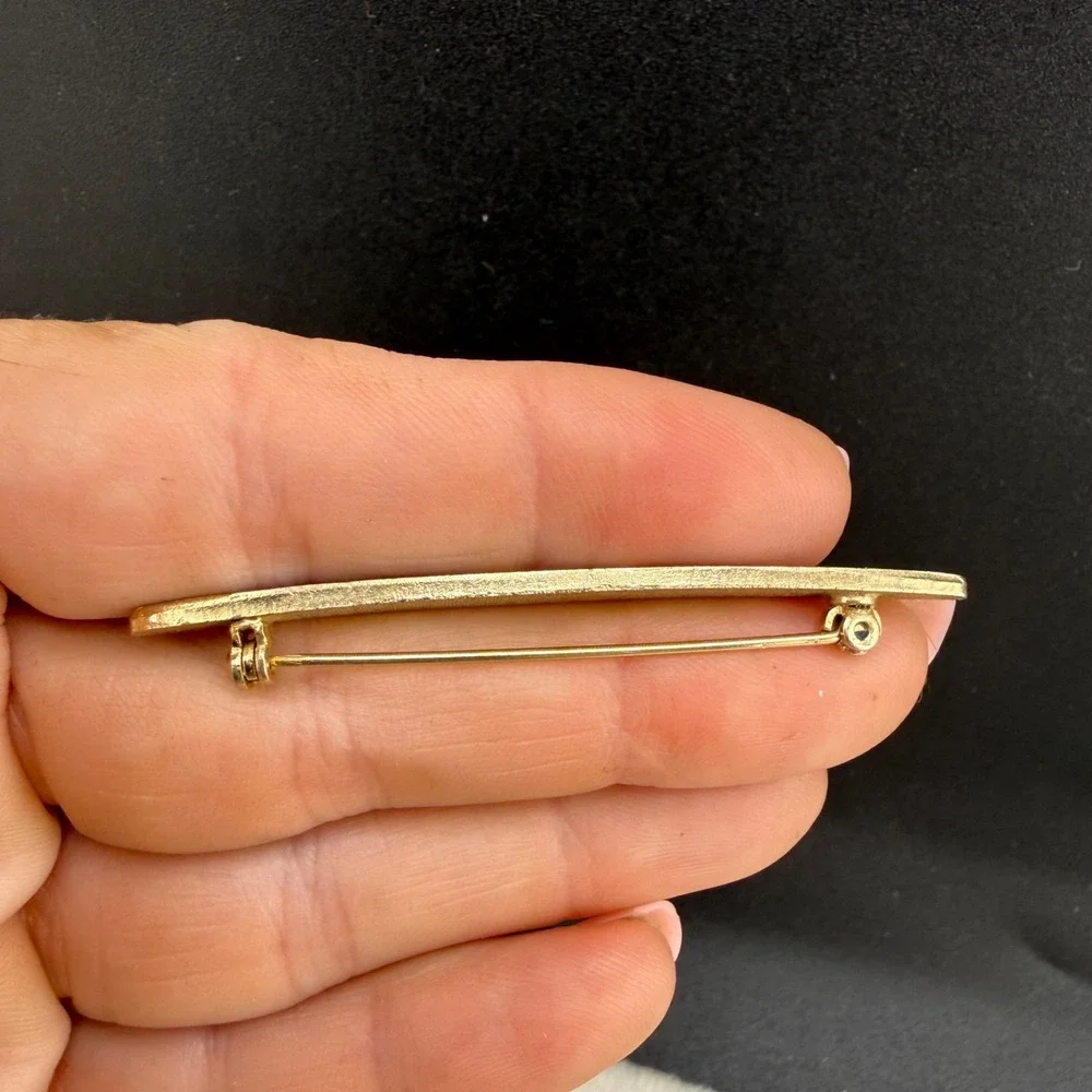 Vintage Guilloche Enamel Bar Brooch Gold Tone Blue